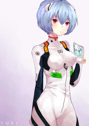 Rule 34 | 1girl, 2014, absurdres, arm behind back, ayanami rei, blue hair, blush, bodysuit, bracer, breasts, clenched hand, dated, from side, gloves, gradient background, hair between eyes, hair ornament, highres, interface headset, looking at viewer, medium breasts, neon genesis evangelion, parted lips, pilot suit, plugsuit, rebuild of evangelion, red eyes, short hair, signature, solo, turtleneck, yuki-02