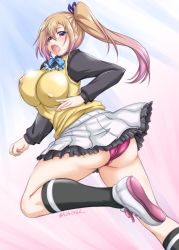 Rule 34 | 10s, 1girl, ass, blush, bouncing breasts, breasts, brown hair, covered erect nipples, female focus, gradient hair, hair ribbon, kawakami mai, large breasts, long hair, looking at viewer, looking back, multicolored hair, musaigen no phantom world, open mouth, panties, pantyshot, purple eyes, purple hair, ribbon, shiny clothes, shiny skin, shoes, side ponytail, skirt, sneakers, solo, underwear, upskirt, yts takana