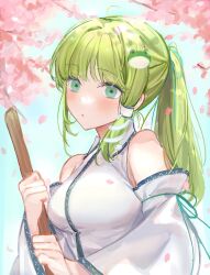 Rule 34 | 1girl, bare shoulders, blush, breasts, detached sleeves, flua (fee de la), frog hair ornament, green eyes, green hair, hair ornament, highres, japanese clothes, kochiya sanae, large breasts, long hair, nontraditional miko, snake hair ornament, solo, touhou, upper body, white sleeves, wide sleeves