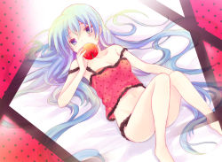 Rule 34 | 1girl, apple, bare shoulders, barefoot, blue eyes, blue hair, camisole, eating, food, fruit, hatsune miku, holding, holding food, holding fruit, long hair, matching hair/eyes, polka dot, romeo to cinderella (vocaloid), solo, tachitsu teto, very long hair, vocaloid