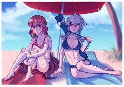 2girls abs barefoot beach bikini blue_bikini blue_sky blurry blurry_background border braid breasts brown_hair cleavage cloud collarbone commentary danganronpa_(series) danganronpa_2:_goodbye_despair danganronpa_v3:_killing_harmony english_commentary glasses grey_hair hair_ornament hair_ribbon hair_scrunchie harukawa_maki hellshake_yuli highres holding hugging_own_legs knees_up long_hair looking_at_another low_twintails mole mole_under_eye multiple_girls multiple_scars navel outdoors palm_tree parasol pekoyama_peko red_bikini red_eyes red_scrunchie ribbon scar scars_all_over scrunchie sitting sky swimsuit toned toned_female too_many towel tree twin_braids twintails umbrella white_border