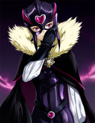 Rule 34 | 10s, 1girl, aona (anagasaki), bad id, bad pixiv id, belt, black bodysuit, black gloves, bodysuit, brooch, cape, cure muse, cure muse (black), fur trim, gloves, heart, jewelry, magical girl, mask, precure, purple background, purple eyes, shirabe ako, solo, suite precure