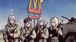 Rule 34 | 4girls, :o, absurdres, afghanistan, ak-12 (girls&#039; frontline), ak-15 (girls&#039; frontline), alcohol, alternate costume, an-94 (girls&#039; frontline), armored personnel carrier, armored vehicle, assault rifle, asymmetrical bangs, asymmetrical hair, blue hair, blue sky, blush, bottle, bottle on head, closed eyes, closed mouth, coat, collar tabs, commentary, cowboy shot, day, defy (girls&#039; frontline), drive-thru, drum magazine, english text, fur hat, girls&#039; frontline, glass bottle, glasses, grey headwear, gun, gun sling, hair between eyes, hair ornament, hat, hat ornament, headband, highres, holding, holding gun, holding weapon, iuui, jacket, kalashnikov rifle, light blue hair, light machine gun, long hair, looking at another, machine gun, magazine (weapon), mcdonald&#039;s, military, military hat, military jacket, military uniform, military vehicle, motor vehicle, multiple girls, object on head, open mouth, outdoors, parody, parted lips, photo-referenced, power lines, product placement, red dawn, rifle, round eyewear, rpk, rpk-16 (girls&#039; frontline), short hair, sign, signature, sky, sleeping, sleeping upright, smile, soldier, soviet, soviet army, standing, star (symbol), star hat ornament, symbol-only commentary, uniform, ushanka, utility pole, vodka, war in afghanistan, weapon, white hair, zzz