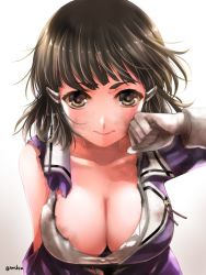 Rule 34 | 10s, 1girl, blouse, breasts, brown eyes, brown hair, burnt clothes, cleavage, collarbone, from above, gloves, hair bun, hair ornament, kantai collection, large breasts, lips, looking at viewer, myoukou (kancolle), serious, shirt, short hair, single hair bun, solo, tmsksa, torn clothes, upper body, white gloves, white shirt