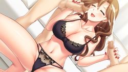 Rule 34 | 1girl, ass, barefoot, blush, bra, breasts, brown hair, cameltoe, censored, cleavage, clothed female nude male, couch, cum, double handjob, ejaculation, closed eyes, feet, game cg, groin, gyaruzuma anri no netorase play, hair between eyes, handjob, indoors, kisaragi kanna, large breasts, legs, long hair, mosaic censoring, nail polish, navel, nude, open mouth, orgasm, original, panties, penis, pillow, projectile cum, pussy, red nails, smile, squatting, standing, thighs, underwear, underwear only
