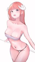 Rule 34 | 1girl, arknights, bagpipe (arknights), bandeau, bare arms, bare shoulders, breasts, collarbone, commentary, cowboy shot, dream mouse, highres, horns, large breasts, long hair, looking at viewer, midriff, navel, open mouth, orange hair, purple eyes, simple background, solo, standing, stomach, strapless, thighs, tube top, very long hair, white background