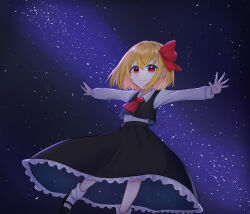 1girl ascot black_vest blonde_hair bow closed_mouth collared_shirt commentary_request hair_bow highres long_sleeves nano_popo02 night night_sky outstretched_arms red_ascot red_bow red_eyes rumia shirt skirt skirt_set sky smile solo spread_arms star_(sky) touhou vest white_shirt