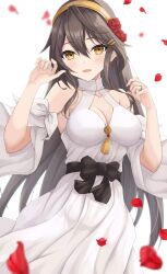 Rule 34 | 1girl, black hair, breasts, cleavage, cosplay, dress, flower, gensoukitan, hair flower, hair ornament, hairband, hairclip, haruna (kancolle), highres, kantai collection, long hair, medium breasts, petals, rose, simple background, solo, white background, white dress, yellow eyes, yellow hairband