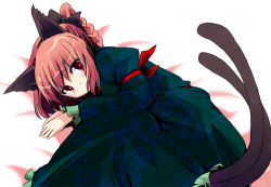 Rule 34 | 1girl, animal ears, bed, blush, fa no hito, female focus, hair ribbon, kaenbyou rin, lying, on side, red eyes, red hair, ribbon, solo, touhou, white background