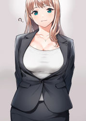 Rule 34 | 1girl, ?, arms behind back, black jacket, black skirt, blue eyes, blush, breasts, brown hair, cleavage, closed mouth, cowboy shot, doushimasho, grey background, head tilt, highres, jacket, jewelry, large breasts, long hair, long sleeves, looking at viewer, miniskirt, mole, mole on breast, mole under mouth, necklace, original, simple background, skirt, smile, solo