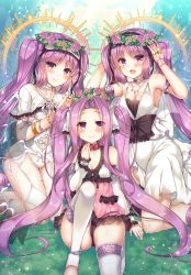 Rule 34 | 3girls, black panties, black ribbon, blush, breasts, dress, euryale (fate), euryale (third ascension) (fate), fate/grand order, fate (series), hairband, halo, head wreath, kneeling, lolita hairband, long hair, looking at viewer, medusa (fate), medusa (lancer) (fate), medusa (lancer) (final ascension) (fate), medusa (rider) (fate), multiple girls, panties, purple eyes, purple hair, ribbon, rider, siblings, sisters, small breasts, smile, stheno (fate), stheno (third ascension) (fate), suzunone rena, twins, twintails, underwear, very long hair, white dress