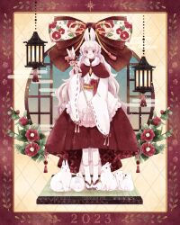 Rule 34 | 1girl, 2023, animal, animal ears, arrow (projectile), bell, border, bow, brooch, camellia, capelet, chinese zodiac, cocoroppy, commentary, dress, egasumi, faux figurine, floral print, flower, frills, full body, fur collar, hamaya, highres, holding, holding arrow, jewelry, jingle bell, lantern, lolita fashion, long hair, long sleeves, looking at viewer, obi, original, print bow, rabbit, rabbit ears, rabbit girl, red border, red capelet, red dress, red eyes, red flower, ribbon-trimmed sleeves, ribbon trim, round window, sandals, sash, shippou (pattern), sleeves past wrists, socks, solo, standing, straight-on, tabi, very long hair, wa lolita, wavy hair, white dress, white hair, white rabbit (animal), white socks, wide sleeves, window, year of the rabbit, zouri
