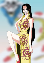 Rule 34 | 1girl, angry, bare shoulders, black hair, blue eyes, boa hancock, breasts, china dress, chinese clothes, dress, earrings, female focus, fighting stance, gradient background, hand on own hip, high heels, hip focus, jewelry, jolly roger, legs, long hair, marineford, one piece, open mouth, pirate, red footwear, salome (one piece), shoes, snake, solo, standing, teeth, tokidoki, yellow dress