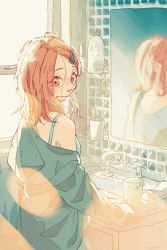 Rule 34 | 1girl, 99 yen (tsubura), absurdres, bathroom, blurry, blurry foreground, bottle, brown hair, cup, day, faucet, hair ornament, hairclip, highres, indoors, light, long sleeves, looking back, medium hair, mirror, original, red eyes, reflection, sink, tile wall, tiles, toothbrush, toothpaste, window