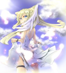 Rule 34 | blonde hair, blue eyes, clothes lift, cloud, day, dress, dress lift, feathers, head wings, highres, kazuma (kazumav), long hair, looking back, original, sky, solo, twintails, wing ears, wings