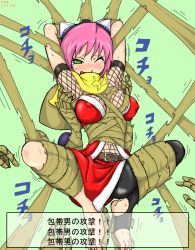 Rule 34 | 1girl, armpits, artist request, bdsm, bondage, bound, breasts, cleavage, covered erect nipples, feet, tickling feet, gouma reifuden izuna, green eyes, helpless, izuna (gouma reifuden izuna), monster, one eye closed, pink hair, tickling, torn clothes, torture, translated, wink