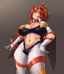 Rule 34 | 1girl, bandages, bandeau, breasts, cape, choker, curvy, covered erect nipples, from below, gloves, hair ornament, hair stick, high ponytail, highres, huge breasts, kelvin hiu, long hair, midriff, navel, pasties, ponytail, red choker, red hair, simple background, solo, space yoko, star pasties, stomach, tengen toppa gurren lagann, thick thighs, thighs, white gloves, yellow eyes, yoko littner