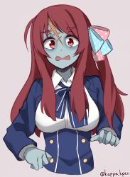 Rule 34 | 10s, 1girl, blue bow, blue jacket, bow, breasts, brown background, brown hair, collared shirt, commentary request, cropped torso, hair bow, head tilt, highres, jacket, kapatarou, long hair, looking at viewer, medium breasts, minamoto sakura, open mouth, parted bangs, pink bow, polka dot, polka dot bow, red eyes, scar, shirt, simple background, solo, striped, striped bow, twitter username, white shirt, zombie, zombie land saga