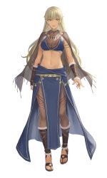 Rule 34 | 1girl, absurdres, alternate costume, blonde hair, breasts, cleavage, commission, commissioner upload, dark-skinned female, dark skin, female focus, fire emblem, fire emblem: the binding blade, highres, igrene (fire emblem), jewelry, large breasts, long hair, matching hair/eyes, midriff, moja (rainpoow), mole, mole under eye, navel, necklace, nintendo, pantyhose, sandals, see-through, see-through legwear, simple background, solo, standing, stomach, toeless footwear, yellow eyes