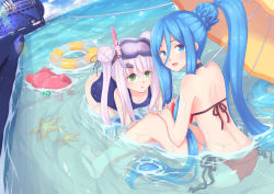 Rule 34 | 10s, 2girls, all fours, aoki hagane no arpeggio, barefoot, bikini, blue eyes, blue hair, diving mask, diving mask on head, double bun, feet, goggles, goggles on head, green eyes, hair bun, highres, innertube, iona (aoki hagane no arpeggio), kirishima (aoki hagane no arpeggio), light purple hair, long hair, moonhackle, multiple girls, one-piece swimsuit, partially submerged, ponytail, school swimsuit, snorkel, starfish, stuffed animal, stuffed toy, swim ring, swimsuit, takao (aoki hagane no arpeggio), teddy bear, umbrella, water, yotarou (aoki hagane no arpeggio)