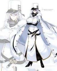 Rule 34 | 1girl, absurdres, azur lane, black footwear, breast hold, breasts, buttons, cape, character name, closed mouth, coat, coat dress, commentary request, double-breasted, full body, fur-trimmed cape, fur-trimmed coat, fur trim, gloves, hair between eyes, halcon, hat, high collar, highres, huge breasts, long hair, looking at viewer, military hat, red eyes, silver hair, simple background, smile, solo, sovetskaya rossiya (azur lane), standing, very long hair, white background, white cape, white coat, white hat, zoom layer