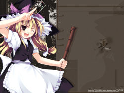 Rule 34 | 1girl, blonde hair, broom, fang, female focus, hat, kirisame marisa, solo, spell card, tateha (marvelous grace), touhou, witch, witch hat, yellow eyes