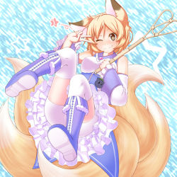 Rule 34 | 1girl, ;), @ @, animal ears, bare shoulders, bike shorts, blonde hair, blush, boots, breasts, chen, chen (cat), detached sleeves, embarrassed, fox ears, fox tail, frills, highres, magical girl, multiple tails, one eye closed, over-kneehighs, scepter, short hair, smile, solo, staff, star (symbol), tail, tamahana, thighhighs, touhou, v over eye, wavy mouth, white thighhighs, wink, yakumo ran, yellow eyes
