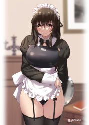 Rule 34 | 1girl, alternate costume, apron, apron lift, aya (jonsun), black hair, black thighhighs, breasts, brown eyes, clothes lift, competition swimsuit, cowboy shot, enmaided, frills, jonsun, large breasts, long hair, maid, maid apron, maid headdress, one-piece swimsuit, original, puffy sleeves, revision, shrug (clothing), smile, solo, swimsuit, thighhighs, waist apron