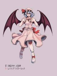 Rule 34 | 1girl, :d, back bow, bat wings, blue hair, bow, brooch, character name, commentary request, elosia, embodiment of scarlet devil, fang, footwear bow, frilled skirt, frills, full body, hands on own chest, hat, hat bow, highres, jewelry, korean text, large bow, looking at viewer, open mouth, pink shirt, pink skirt, puffy short sleeves, puffy sleeves, red bow, red eyes, remilia scarlet, shirt, short hair, short sleeves, skirt, skirt set, smile, solo, touhou, white footwear, white legwear, wings