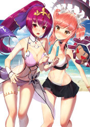 Rule 34 | 1boy, 2girls, :d, alternate costume, alternate hairstyle, beach, bikini, blue hair, blue sky, blush, breasts, chibi, cleavage, day, embarrassed, fate/grand order, fate (series), food, hair between eyes, headpiece, highres, hood, inflatable toy, innertube, large breasts, lifebuoy, linea alba, locked arms, long hair, looking at another, looking at viewer, medb (fate), medb (swimsuit saber) (fate), medb (swimsuit saber) (second ascension) (fate), medium breasts, mini cu-chan (fate), multiple girls, navel, open mouth, outdoors, pink bikini, pink hair, popsicle, purple hair, purple ribbon, red eyes, ribbon, scathach (fate), scathach skadi (fate), scathach skadi (third ascension) (fate), scottie (phantom2), sky, smile, swim ring, swimsuit, tail, twintails, white bikini, yellow eyes