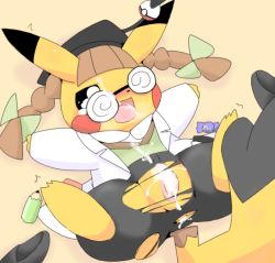 Rule 34 | 1girl, @ @, aftersex, animal ears, anus, arms up, bike shorts, black-framed eyewear, black eyes, black footwear, black hat, blush, blush stickers, bow, braid, brown hair, candy, coke-bottle glasses, cosplay, cosplay pikachu, creatures (company), cum, cum in ass, cum in pussy, cum on body, erect clitoris, facial, feet, female focus, food, from above, full body, furry, furry female, game freak, gen 1 pokemon, glasses, green bow, hair bow, half-closed eyes, hat, lab coat, legs up, letsuo, long sleeves, lying, mortarboard, nintendo, on back, open mouth, orange background, pencil, pikachu, pikachu ph. d, poke ball theme, pokemon, pokemon oras, pokemon rgby, pussy, shirt, shoes, simple background, smile, solo, spread legs, tail, tongue, tongue out, torn bike shorts, torn clothes, trembling, twin braids, uncensored, unworn shoes, white shirt