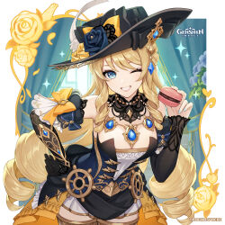 Rule 34 | 1girl, absurdres, bare shoulders, black dress, black headwear, blonde hair, blue eyes, breasts, cleavage, commentary, cowboy shot, detached sleeves, dress, food, genshin impact, grin, highres, holding, holding food, jewelry, long hair, long sleeves, looking at viewer, macaron, navia (genshin impact), necklace, official art, one eye closed, smile, solo, standing, strapless, strapless dress, tokki, very long hair