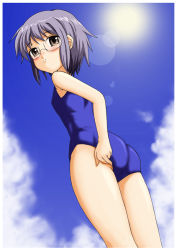Rule 34 | 00s, 1girl, adjusting clothes, adjusting swimsuit, ass, blush, brown eyes, cloud, day, flat chest, from below, fujimoto akio, glasses, grey hair, lens flare, looking back, nagato yuki, one-piece swimsuit, outdoors, school swimsuit, short hair, sky, solo, standing, sun, suzumiya haruhi no yuuutsu, swimsuit, thighs