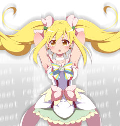 Rule 34 | 1girl, :o, armpits, arms up, blonde hair, blush, bow, brooch, brown eyes, choker, cure echo, earrings, gradient background, hair bow, hair ornament, heart, heart earrings, heart hair ornament, jewelry, long hair, magical girl, pink bow, precure, precure all stars new stage: mirai no tomodachi, sakagami ayumi, skirt, solo, striped, striped bow, ts1016, twintails, waist bow, white choker