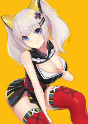 Rule 34 | 1girl, bad id, bad pixiv id, bare shoulders, between legs, black dress, blue eyes, breasts, cleavage, cleavage cutout, closed mouth, clothes pull, clothing cutout, commentary request, dress, dress pull, hair ornament, hairclip, hand between legs, head tilt, highres, kaguya luna, komi (komiking), large breasts, long hair, looking at viewer, obi, orange background, red thighhighs, sash, silver hair, simple background, sitting, sleeveless, sleeveless dress, smile, solo, the moon studio, thighhighs, twintails, virtual youtuber