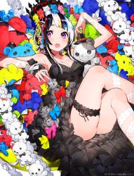 Rule 34 | 1girl, arm up, bare shoulders, black dress, black hair, black hat, blonde hair, blue hair, breasts, bridal garter, cleavage, collarbone, commentary request, crossed legs, crown, dress, hat, highres, knees up, looking at viewer, medium breasts, mika pikazo, mini hat, mini top hat, multicolored hair, open mouth, original, pennant, purple eyes, sleeveless, sleeveless dress, solo, string of flags, stuffed animal, stuffed toy, teddy bear, thighs, top hat, white hair, wrist cuffs