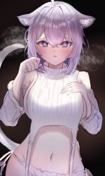 Rule 34 | 1girl, animal ear fluff, animal ears, blush, breasts, cat ears, cat girl, cat tail, hand on own chest, heart, heart-shaped pupils, highres, hololive, large breasts, looking at viewer, meme attire, navel, nekomata okayu, open mouth, purple eyes, purple hair, short hair, solo, sweat, symbol-shaped pupils, tail, vanitas256, virgin destroyer sweater, virtual youtuber