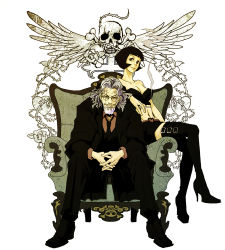 Rule 34 | 1boy, 1girl, bad id, bad pixiv id, beard, belt, chair, cigarette, facial hair, formal, glasses, heart, high heels, long hair, necktie, one piece, pon (puppupon), scar, shakuyaku (one piece), shoes, silvers rayleigh, sitting, skull, smoking, suit, thighhighs
