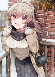 Rule 34 | 1girl, alternate costume, bag, breasts, brick wall, brown hair, coat, earrings, fence, furen e lustario, handbag, highres, jewelry, long hair, looking at viewer, mitsumine (ookami no oyashiro), nijisanji, open mouth, ponytail, railing, red eyes, ribbed sweater, scarf, skirt, sleeves past wrists, smile, snow, snowing, solo, sweater, virtual youtuber, wooden fence, wooden railing