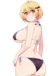 Rule 34 | 1girl, ahoge, amane hasuhito, ass, back tattoo, bat hair ornament, bikini, black bikini, blonde hair, blush, breasts, cloud, collarbone, commentary request, cowboy shot, from behind, hair ornament, hololive, large breasts, looking at viewer, short hair, sideboob, sky, smile, solo, swimsuit, tattoo, virtual youtuber, wing tattoo, yozora mel