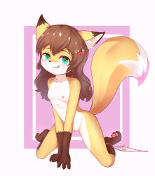 Rule 34 | 1girl, animal ear fluff, animal ears, animal nose, blue eyes, blush, breasts, brown hair, cleft of venus, flong, food-themed hair ornament, fox ears, fox girl, fox tail, furry, furry female, hair between eyes, hair ornament, highres, long hair, looking at viewer, nipples, nude, original, pink background, pussy, pussy juice, simple background, small breasts, smile, solo, tail, tongue, tongue out, white background