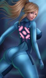 Rule 34 | 1girl, artist logo, ass, blonde hair, blue background, blue eyes, bodysuit, breasts, female focus, flowerxl, hairband, highres, huge ass, large breasts, looking at viewer, looking back, metroid, narrow waist, nintendo, ponytail, samus aran, shiny clothes, solo, zero suit