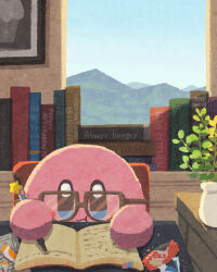 Rule 34 | :t, blue eyes, book, candy wrapper, glasses, highres, holding, holding pencil, indoors, kirby, kirby&#039;s dream land, kirby (series), miclot, mountainous horizon, nintendo, open book, pencil, plant, potted plant, scenery, solo, window, writing