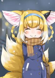 Rule 34 | 1girl, alternate costume, animal ears, arknights, arms behind back, bag, blonde hair, blue coat, blue hairband, blush, bow hairband, braid, braided hair rings, brown bag, brown scarf, closed eyes, closed mouth, coat, colored tips, commentary request, cowboy shot, earpiece, facing viewer, fox ears, fox girl, fox tail, hair rings, hairband, highres, kitsune, kyuubi, long sleeves, multicolored hair, multiple tails, nasumikan (nodoame241), scarf, short hair, shoulder bag, smile, solo, split mouth, suzuran (arknights), tail, twin braids, two-tone hair, white hair