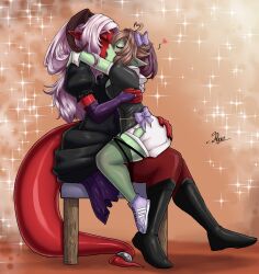 Rule 34 | absurdres, colored skin, green skin, green skinned woman, hat, highres, horns, indie virtual youtuber, kiss, melissa belladonna, red-skinned female, red skin, tail, tail ornament, white hair, witch hat