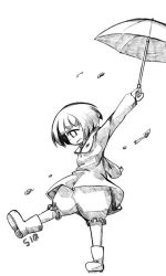 Rule 34 | 1girl, :d, bloomers, blunt bangs, boots, cyclops, frills, full body, greyscale, holding, holding umbrella, monochrome, one-eyed, one-hour drawing challenge, open mouth, original, raincoat, rubber boots, shima (sh1mamu), sketch, smile, solo, standing, standing on one leg, umbrella, underwear, wind