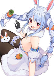 Rule 34 | 1girl, :d, absurdres, animal ear fluff, animal ears, black gloves, black leotard, blue hair, blush, bow, braid, breasts, brown pantyhose, carrot hair ornament, commentary request, detached sleeves, don-chan (usada pekora), dress, food-themed hair ornament, fur-trimmed dress, fur-trimmed gloves, fur trim, gloves, hair bow, hair ornament, highres, hololive, leotard, long hair, looking at viewer, looking back, multicolored hair, open mouth, pantyhose, pekomon (usada pekora), puffy short sleeves, puffy sleeves, rabbit ears, racchi., red eyes, short eyebrows, short sleeves, simple background, small breasts, smile, strapless, strapless dress, strapless leotard, thick eyebrows, twin braids, twintails, two-tone hair, usada pekora, usada pekora (1st costume), very long hair, virtual youtuber, white background, white bow, white dress, white hair, white sleeves