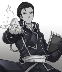 Rule 34 | 1boy, alternate costume, artist name, book, closed mouth, collar, commission, commissioner upload, cosplay, electricity, fire emblem, fire emblem: thracia 776, fire emblem heroes, fullmetal alchemist, gloves, greyscale, highres, looking at viewer, military, military uniform, monochrome, nintendo, reinhardt (fire emblem), roy mustang, roy mustang (cosplay), sierra117renner, simple background, solo, uniform, watermark