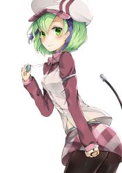 Rule 34 | 1girl, android, arm at side, blush, bob cut, breasts, cable, closed mouth, commentary request, dimension w, from side, green eyes, green hair, hair between eyes, hand up, highres, holding, long sleeves, looking at viewer, looking to the side, multicolored hair, nagiha kuten, pantyhose, short hair, simple background, smile, solo, streaked hair, tail raised, twisted torso, two-tone hair, white background, white headwear, wing collar, yurizaki mira