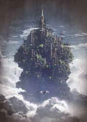 Rule 34 | building, castle, cloud, dragon, flying, no humans, original, overgrown, scenery, sky, tamasiro528, tower